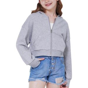 imageWULFUL Girls Casual Zipper up Sweatshirts Crop Jackets for TeensLight Grey