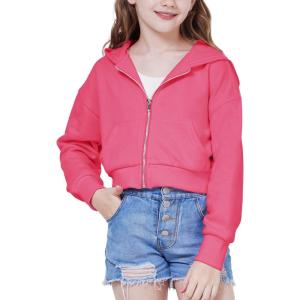 imageWULFUL Girls Casual Zipper up Sweatshirts Crop Jackets for TeensRose Red