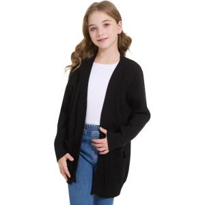 imageWULFUL Girls Long Sleeve Cardigan Kids Casual Open Front Oversized Sweater with PocketsBlack