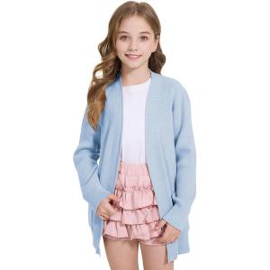 imageWULFUL Girls Long Sleeve Cardigan Kids Casual Open Front Oversized Sweater with PocketsBlue