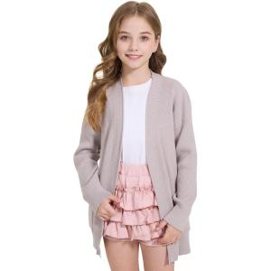 imageWULFUL Girls Long Sleeve Cardigan Kids Casual Open Front Oversized Sweater with PocketsGrey