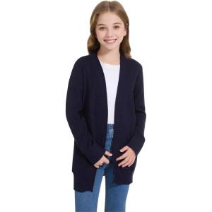 imageWULFUL Girls Long Sleeve Cardigan Kids Casual Open Front Oversized Sweater with PocketsNavy