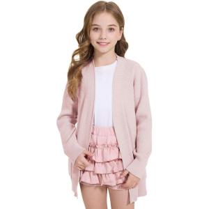 imageWULFUL Girls Long Sleeve Cardigan Kids Casual Open Front Oversized Sweater with PocketsPink