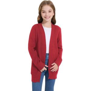 imageWULFUL Girls Long Sleeve Cardigan Kids Casual Open Front Oversized Sweater with PocketsRed