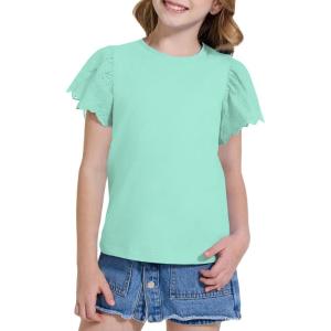 imageWULFUL Girls Shirts Fashion Cotton Summer Short Sleeve Tops Casual TShirts 415 Years OldLight Green