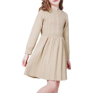 imageWULFUL Girls Sweater Dress Long Sleeve Button Pleated Casual Fall Winter Knit Dresses 512YApricot