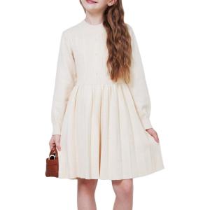 imageWULFUL Girls Sweater Dress Long Sleeve Button Pleated Casual Fall Winter Knit Dresses 512YBeige
