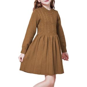 imageWULFUL Girls Sweater Dress Long Sleeve Button Pleated Casual Fall Winter Knit Dresses 512YCoffee