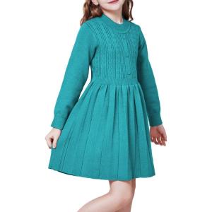 imageWULFUL Girls Sweater Dress Long Sleeve Button Pleated Casual Fall Winter Knit Dresses 512YDiamond Green