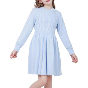 imageWULFUL Girls Sweater Dress Long Sleeve Button Pleated Casual Fall Winter Knit Dresses 512YLight Blue