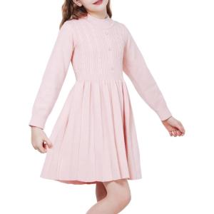 imageWULFUL Girls Sweater Dress Long Sleeve Button Pleated Casual Fall Winter Knit Dresses 512YLight Pink