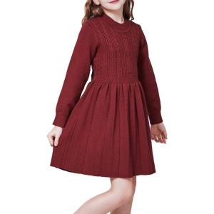 imageWULFUL Girls Sweater Dress Long Sleeve Button Pleated Casual Fall Winter Knit Dresses 512YWine Red