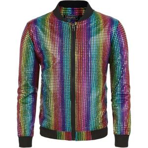 imageWULFUL Kids Boys Varsity Bomber Jacket 70s Disco Costume Party Sequin Metallic JacketsMulticolored