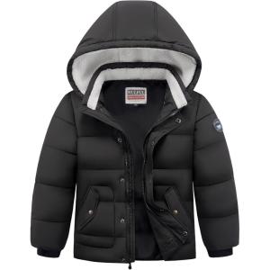 imageWULFUL Kids Boys Winter Coat Detachable Hat Puffer Windbreaker Warm Cotton Jacket Parka Down Outdoor CoatsBlack