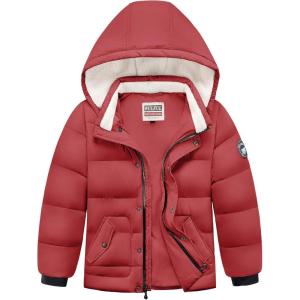 imageWULFUL Kids Boys Winter Coat Detachable Hat Puffer Windbreaker Warm Cotton Jacket Parka Down Outdoor CoatsRed