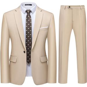 imageWULFUL Mens 2 Piece Slim Fit Suit Set One Button Blazer Jacket Pants Tuxedo Set for Party Wedding and BusinessLight Brown