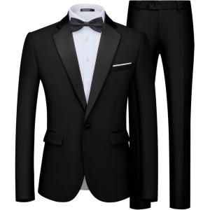 imageWULFUL Mens 2 Piece Slim Fit Suit Set One Button Blazer Jacket Pants Tuxedo Set for Prom Wedding and BusinessBlack