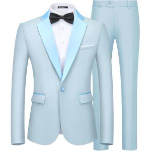 imageWULFUL Mens 2 Piece Slim Fit Suit Set One Button Blazer Jacket Pants Tuxedo Set for Prom Wedding and BusinessLight Blue Light Blue Lapel