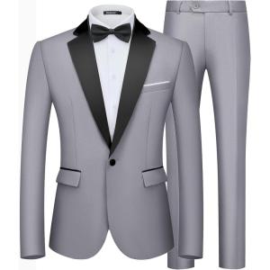imageWULFUL Mens 2 Piece Slim Fit Suit Set One Button Blazer Jacket Pants Tuxedo Set for Prom Wedding and BusinessLight Grey Black Lapel