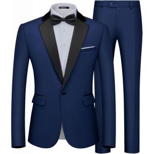 imageWULFUL Mens 2 Piece Slim Fit Suit Set One Button Blazer Jacket Pants Tuxedo Set for Prom Wedding and BusinessNavy