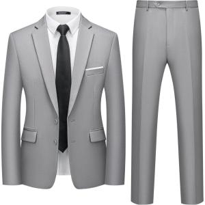 imageWULFUL Mens 2 Piece Suits Slim Fit Two Button Blazer Jacket Pants Set for PartyWedding and BusinessLight Gray