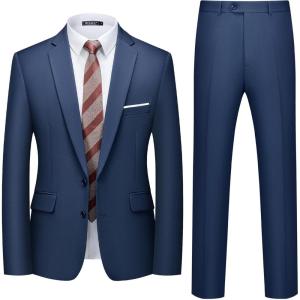 imageWULFUL Mens 2 Piece Suits Slim Fit Two Button Blazer Jacket Pants Set for PartyWedding and BusinessNavy