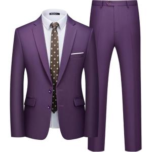 imageWULFUL Mens 2 Piece Suits Slim Fit Two Button Blazer Jacket Pants Set for PartyWedding and BusinessPurple