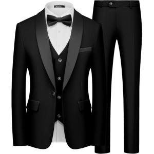 imageWULFUL Mens 3 Piece Suits Slim Fit Tuxedo Suit Set One Button Shawl Lapel Blazer Jacket Vest Pants Set for Prom BusinessBlack