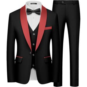 imageWULFUL Mens 3 Piece Suits Slim Fit Tuxedo Suit Set One Button Shawl Lapel Blazer Jacket Vest Pants Set for Prom BusinessBlack Red Lapel