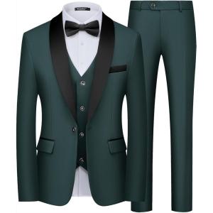 imageWULFUL Mens 3 Piece Suits Slim Fit Tuxedo Suit Set One Button Shawl Lapel Blazer Jacket Vest Pants Set for Prom BusinessDark Green