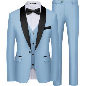imageWULFUL Mens 3 Piece Suits Slim Fit Tuxedo Suit Set One Button Shawl Lapel Blazer Jacket Vest Pants Set for Prom BusinessLight Blue