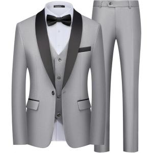 imageWULFUL Mens 3 Piece Suits Slim Fit Tuxedo Suit Set One Button Shawl Lapel Blazer Jacket Vest Pants Set for Prom BusinessLight Grey