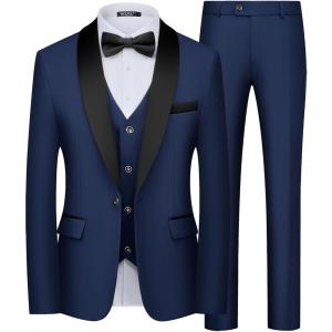 imageWULFUL Mens 3 Piece Suits Slim Fit Tuxedo Suit Set One Button Shawl Lapel Blazer Jacket Vest Pants Set for Prom BusinessNavy