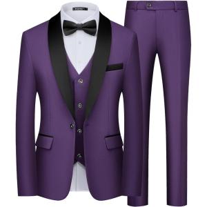 imageWULFUL Mens 3 Piece Suits Slim Fit Tuxedo Suit Set One Button Shawl Lapel Blazer Jacket Vest Pants Set for Prom BusinessPurple