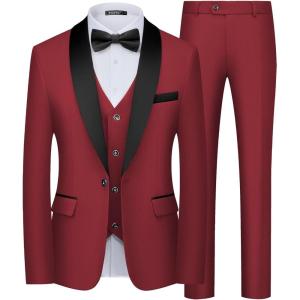 imageWULFUL Mens 3 Piece Suits Slim Fit Tuxedo Suit Set One Button Shawl Lapel Blazer Jacket Vest Pants Set for Prom BusinessRed