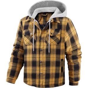 imageWULFUL Mens Cotton Plaid Shirts Jacket Fleece Lined Flannel Shirts with HoodBlack Yellow976