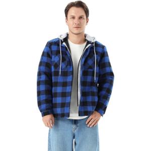 imageWULFUL Mens Cotton Plaid Shirts Jacket Fleece Lined Flannel Shirts with HoodBlue804