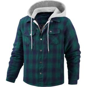 imageWULFUL Mens Cotton Plaid Shirts Jacket Fleece Lined Flannel Shirts with HoodGreen813