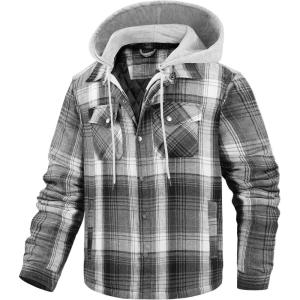 imageWULFUL Mens Cotton Plaid Shirts Jacket Fleece Lined Flannel Shirts with HoodGrey567