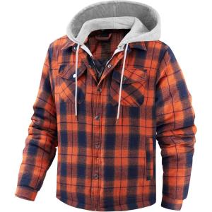 imageWULFUL Mens Cotton Plaid Shirts Jacket Fleece Lined Flannel Shirts with HoodNavy Yellow566
