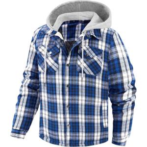 imageWULFUL Mens Cotton Plaid Shirts Jacket Fleece Lined Flannel Shirts with HoodNavy768