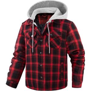 imageWULFUL Mens Cotton Plaid Shirts Jacket Fleece Lined Flannel Shirts with HoodRed711