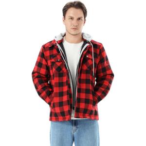 imageWULFUL Mens Cotton Plaid Shirts Jacket Fleece Lined Flannel Shirts with HoodRed798