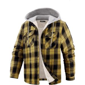imageWULFUL Mens Flannel Plaid Shirts Jacket Fleece Lined Winter Shirts Soft Warm Coat with Hood for MenBlack Yellow976