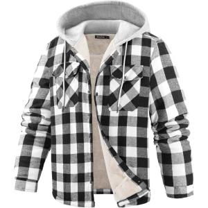 imageWULFUL Mens Flannel Plaid Shirts Jacket Fleece Lined Winter Shirts Soft Warm Coat with Hood for MenBlack649