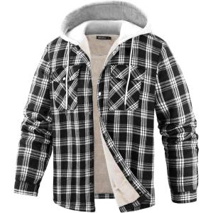 imageWULFUL Mens Flannel Plaid Shirts Jacket Fleece Lined Winter Shirts Soft Warm Coat with Hood for MenBlack758