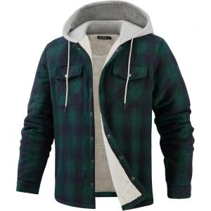 imageWULFUL Mens Flannel Plaid Shirts Jacket Fleece Lined Winter Shirts Soft Warm Coat with Hood for MenGreen813