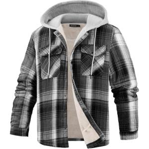 imageWULFUL Mens Flannel Plaid Shirts Jacket Fleece Lined Winter Shirts Soft Warm Coat with Hood for MenGrey567