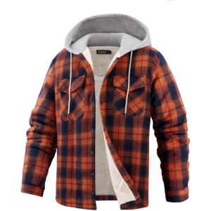 imageWULFUL Mens Flannel Plaid Shirts Jacket Fleece Lined Winter Shirts Soft Warm Coat with Hood for MenNavy Yellow566