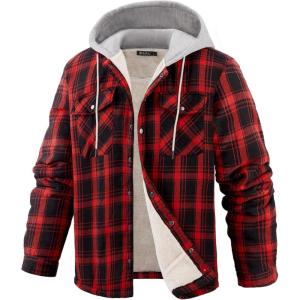 imageWULFUL Mens Flannel Plaid Shirts Jacket Fleece Lined Winter Shirts Soft Warm Coat with Hood for MenRed711